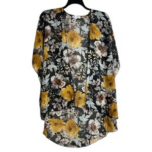 Emory Park Women's XL Black Yellow Floral Kimono Boho Chic Layering Cover Up